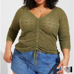 Torrid 3 olive open stitch v-neck cinched front sweater
